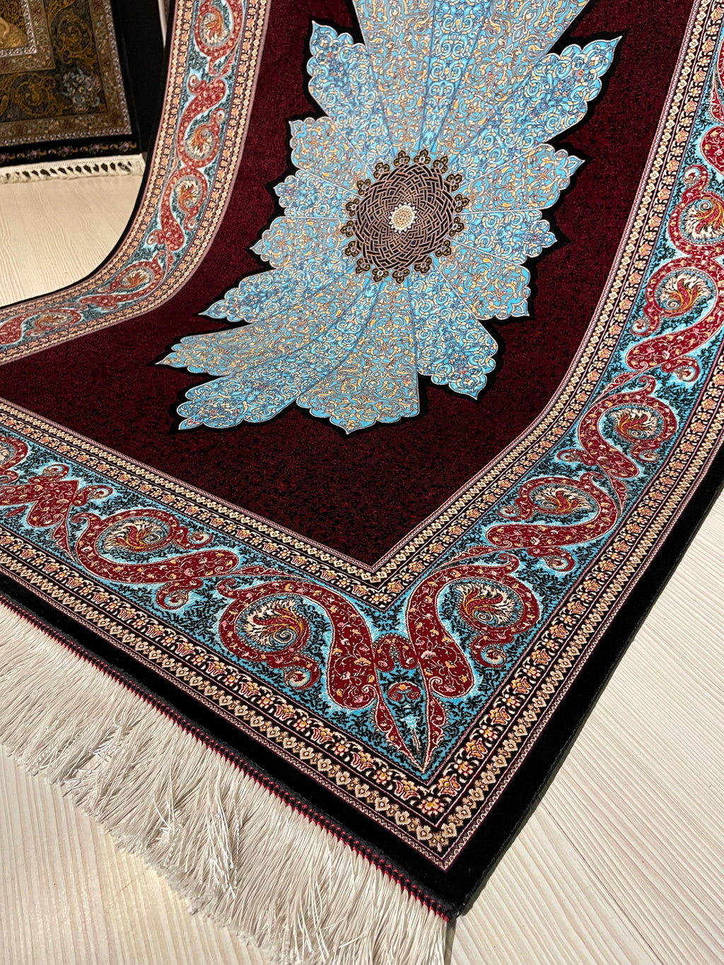 4x6 ft Burgundy Silk Area Rug, Turquoise Floral Medallion, Turkish Living Room Decor