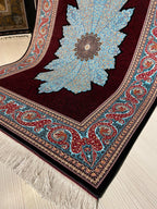 4x6 ft Burgundy Silk Area Rug, Turquoise Floral Medallion, Turkish Living Room Decor