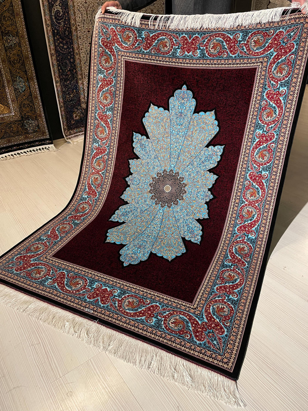 4x6 ft Burgundy Silk Area Rug, Turquoise Floral Medallion, Turkish Living Room Decor
