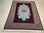 4x6 ft Burgundy Silk Area Rug, Turquoise Floral Medallion, Turkish Living Room Decor