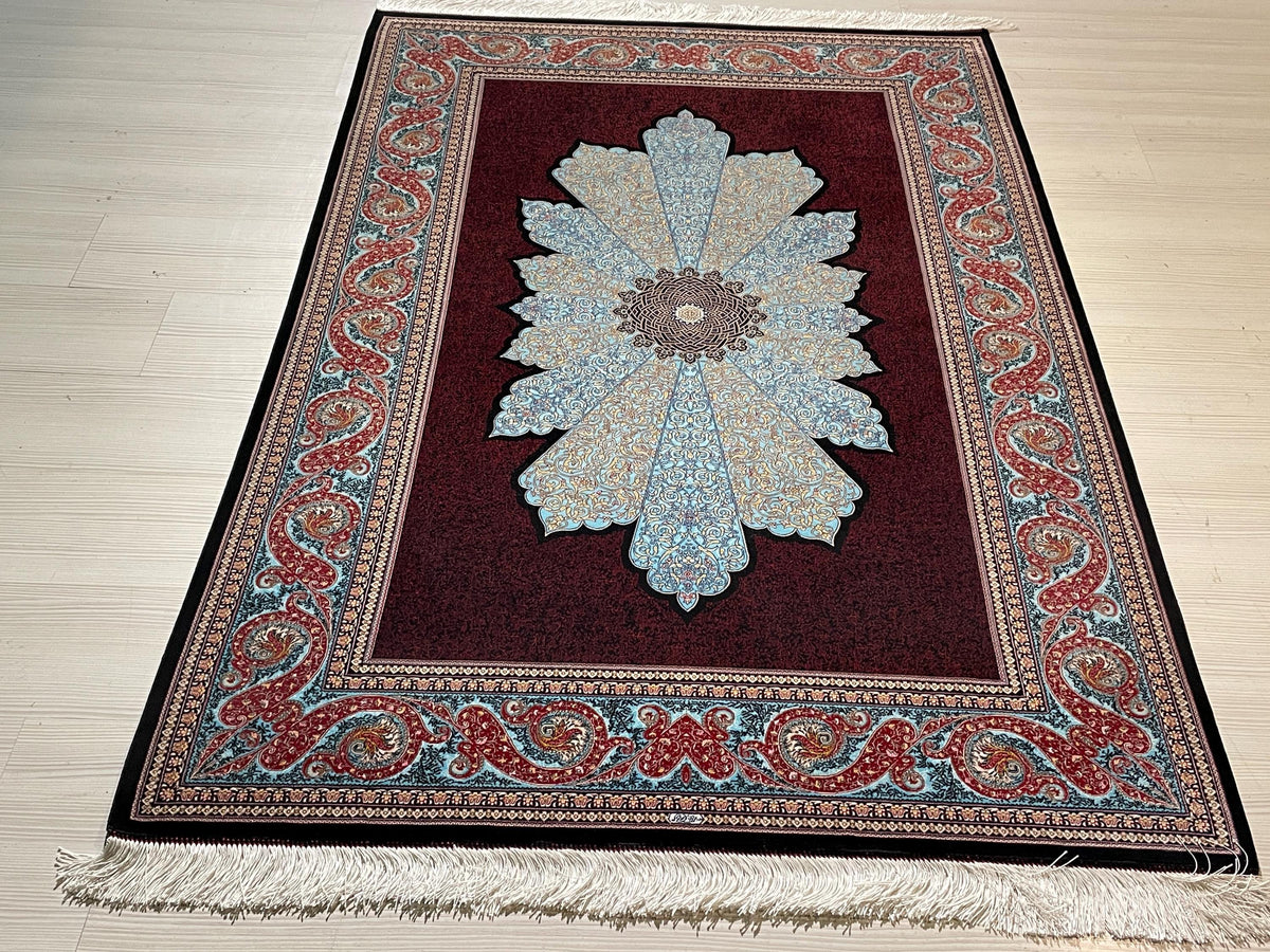4x6 ft Burgundy Silk Area Rug, Turquoise Floral Medallion, Turkish Living Room Decor