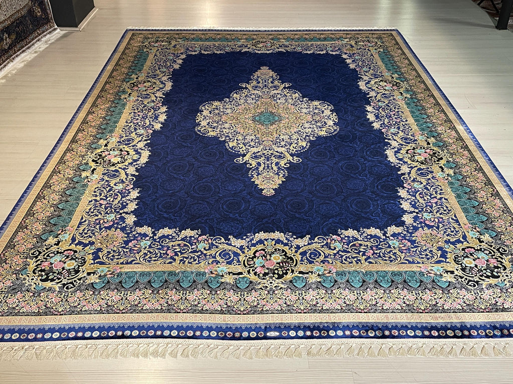 7x10 ft Navy Blue Silk Rug, Floral Medallion Carpet, Turkish Style