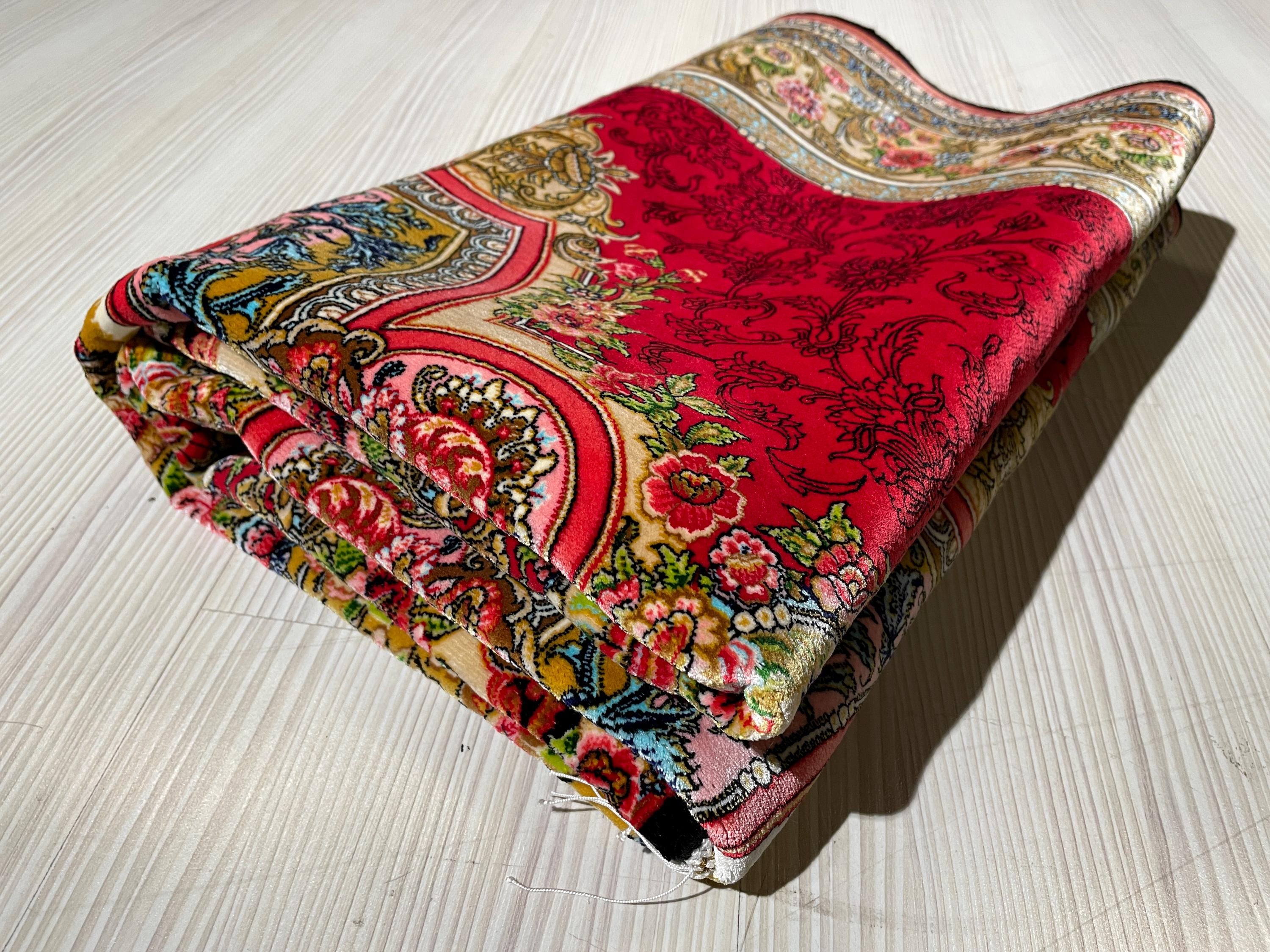 3x5 ft Silk Area Rug, Red Floral Medallion, Classic Border, Living Room Decor