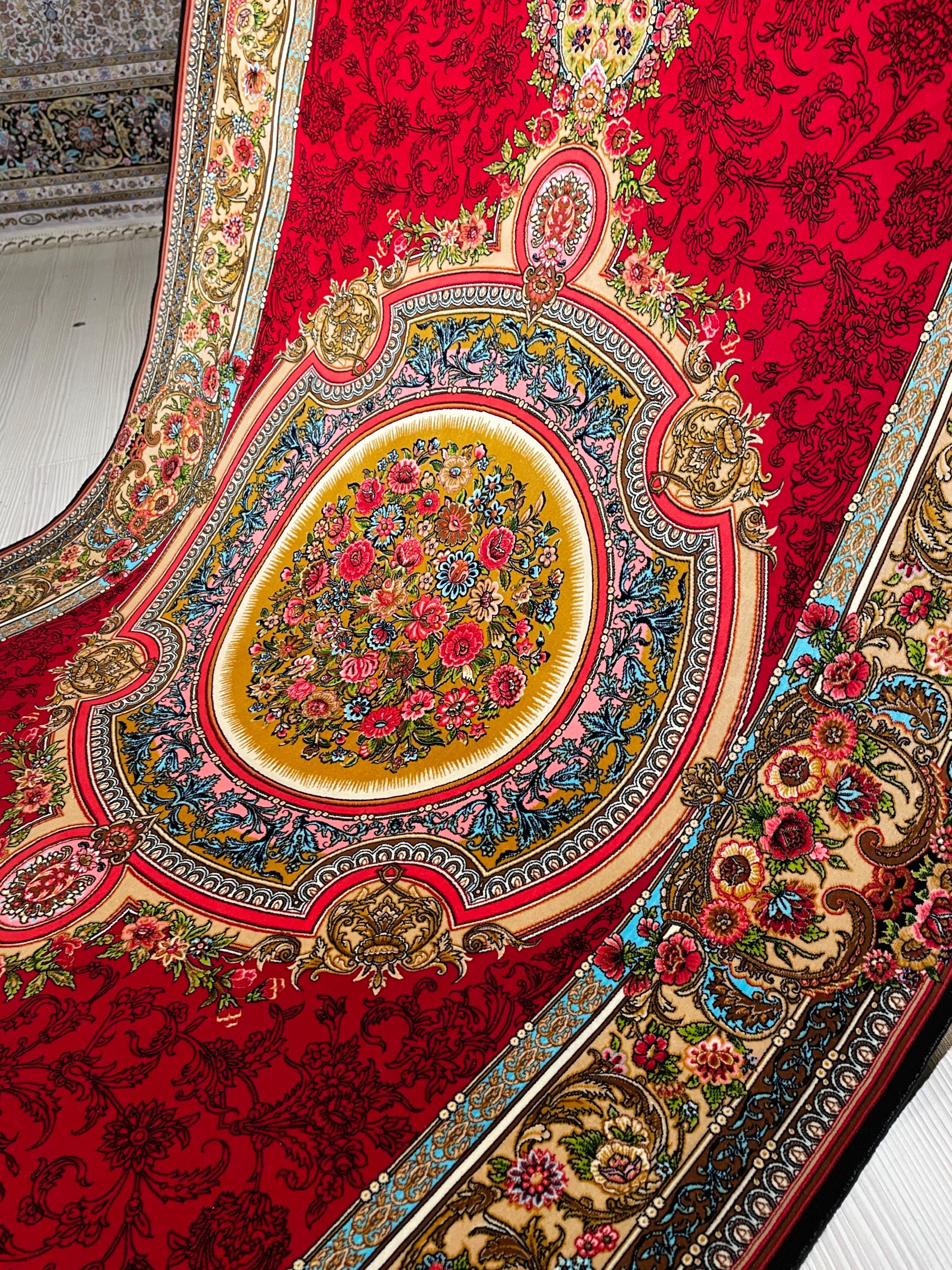 3x5 ft Silk Area Rug, Red Floral Medallion, Classic Border, Living Room Decor