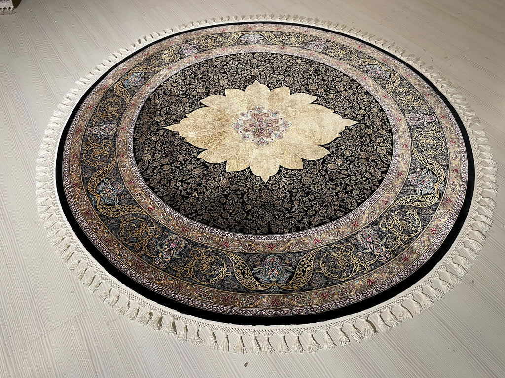 5x5ft Black Gold Round Silk Rug, Classic Medallion Style Oriental Circle Rug