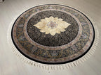 5x5ft Black Gold Round Silk Rug, Classic Medallion Style Oriental Circle Rug