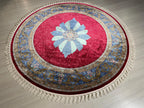 5x5 ft Round Red Silk Rug, Turkish Area Rug, Floral Medallion Carpet, Luxury Home Decor