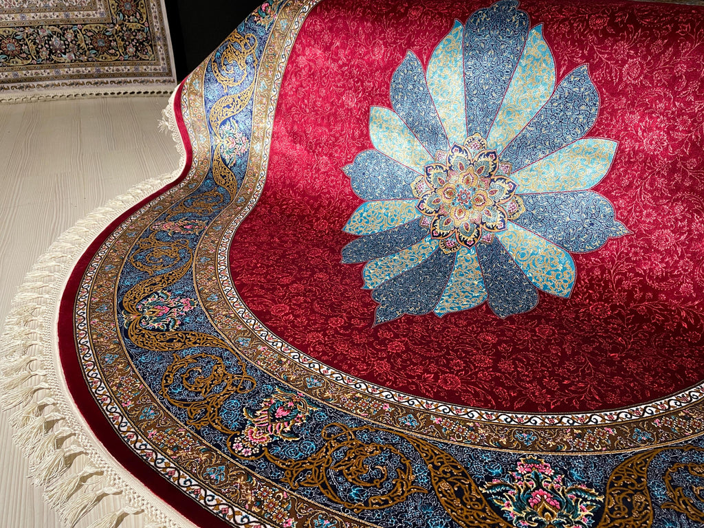 5x5 ft Round Red Silk Rug, Turkish Area Rug, Floral Medallion Carpet, Luxury Home Decor