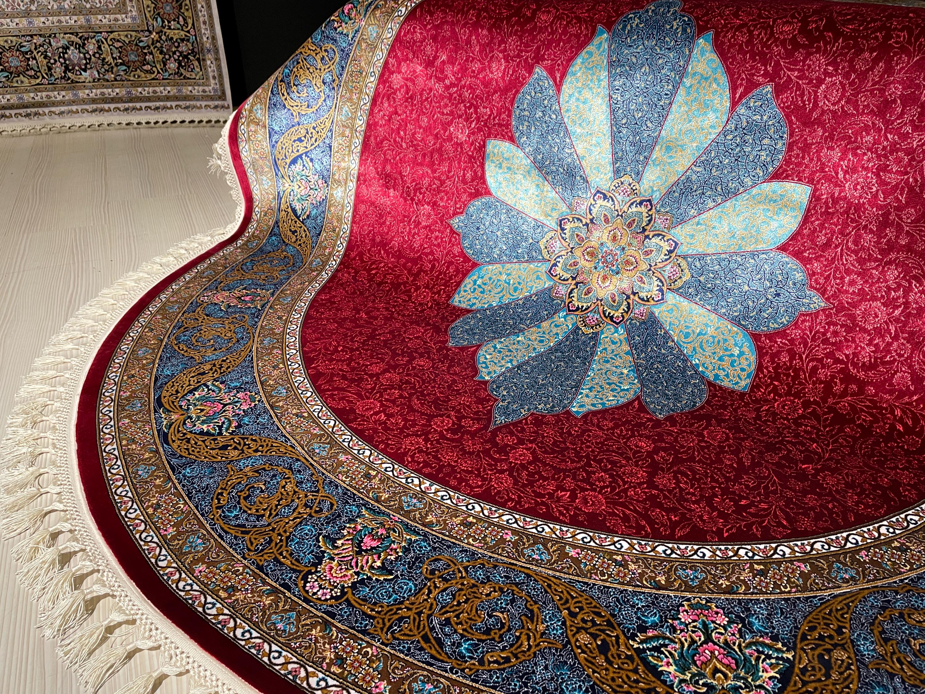 5x5 ft Round Red Silk Rug, Turkish Area Rug, Floral Medallion Carpet, Luxury Home Decor