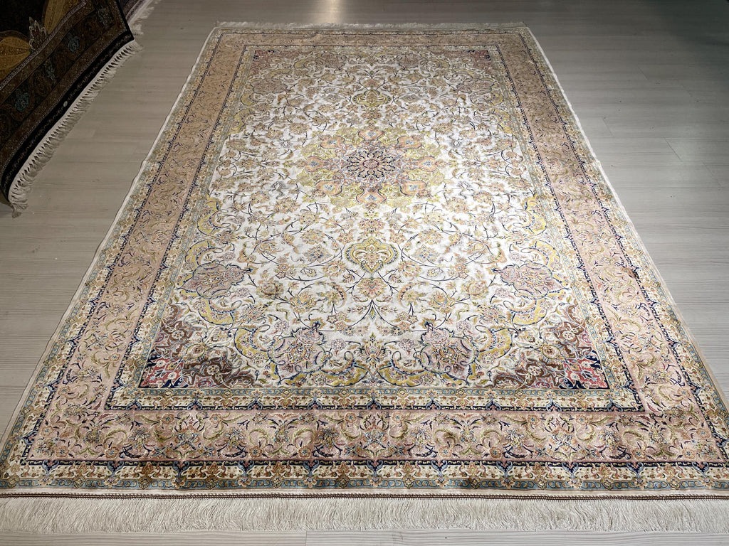 7x10 Silk Rug, Ivory Floral Vine Design, Classic Turkish Oriental Luxury Area Rug