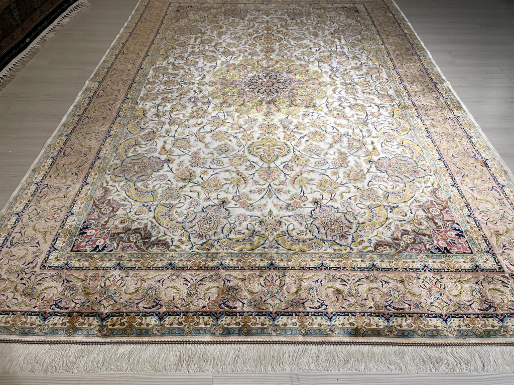 7x10 Silk Rug, Ivory Floral Vine Design, Classic Turkish Oriental Luxury Area Rug