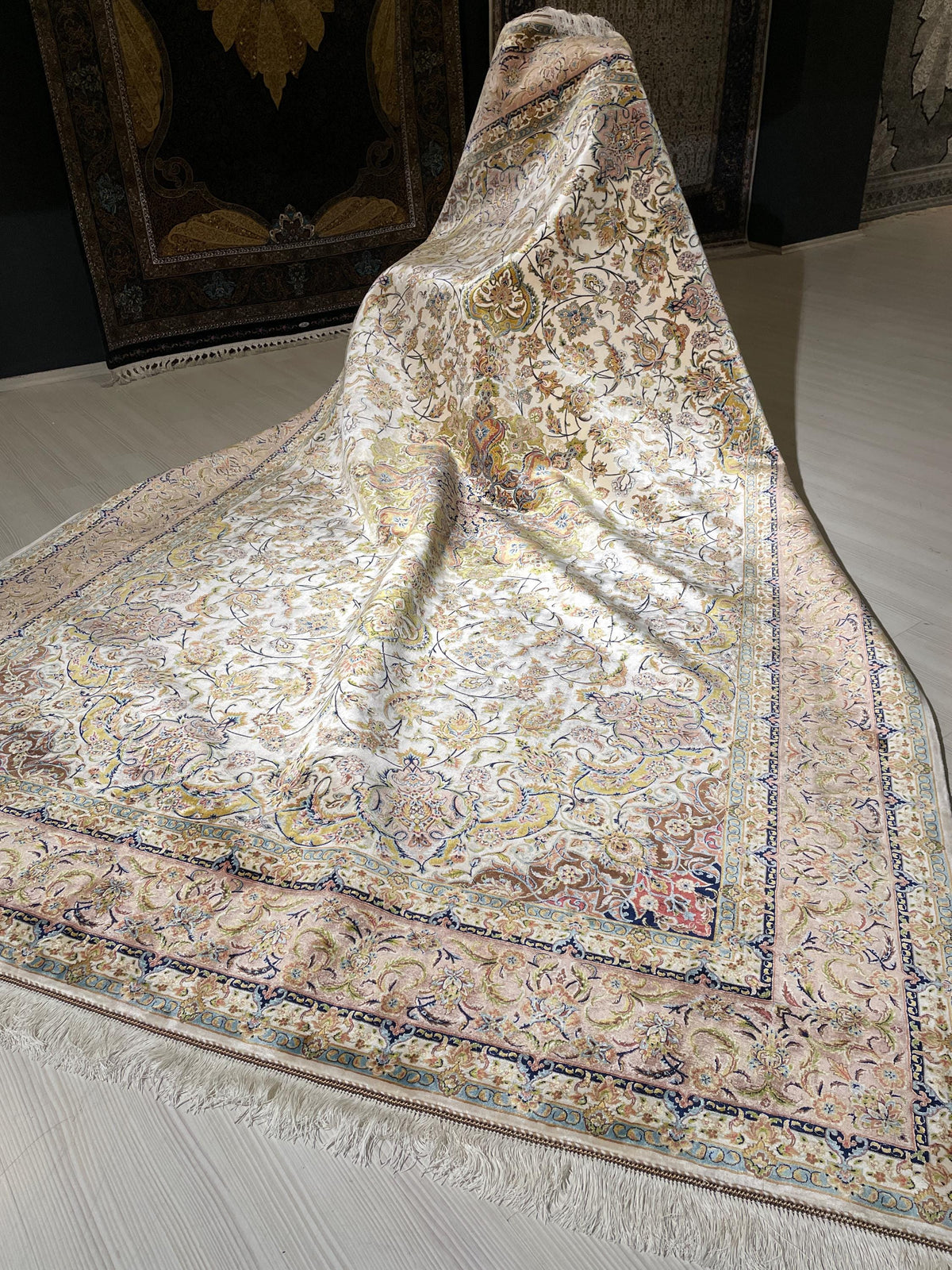 7x10 Silk Rug, Ivory Floral Vine Design, Classic Turkish Oriental Luxury Area Rug