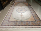 7x10 Silk Rug, Ivory Blue Oval Medallion, Classic Turkish Oriental Luxury Area Rug