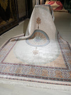 7x10 Silk Rug, Ivory Blue Oval Medallion, Classic Turkish Oriental Luxury Area Rug