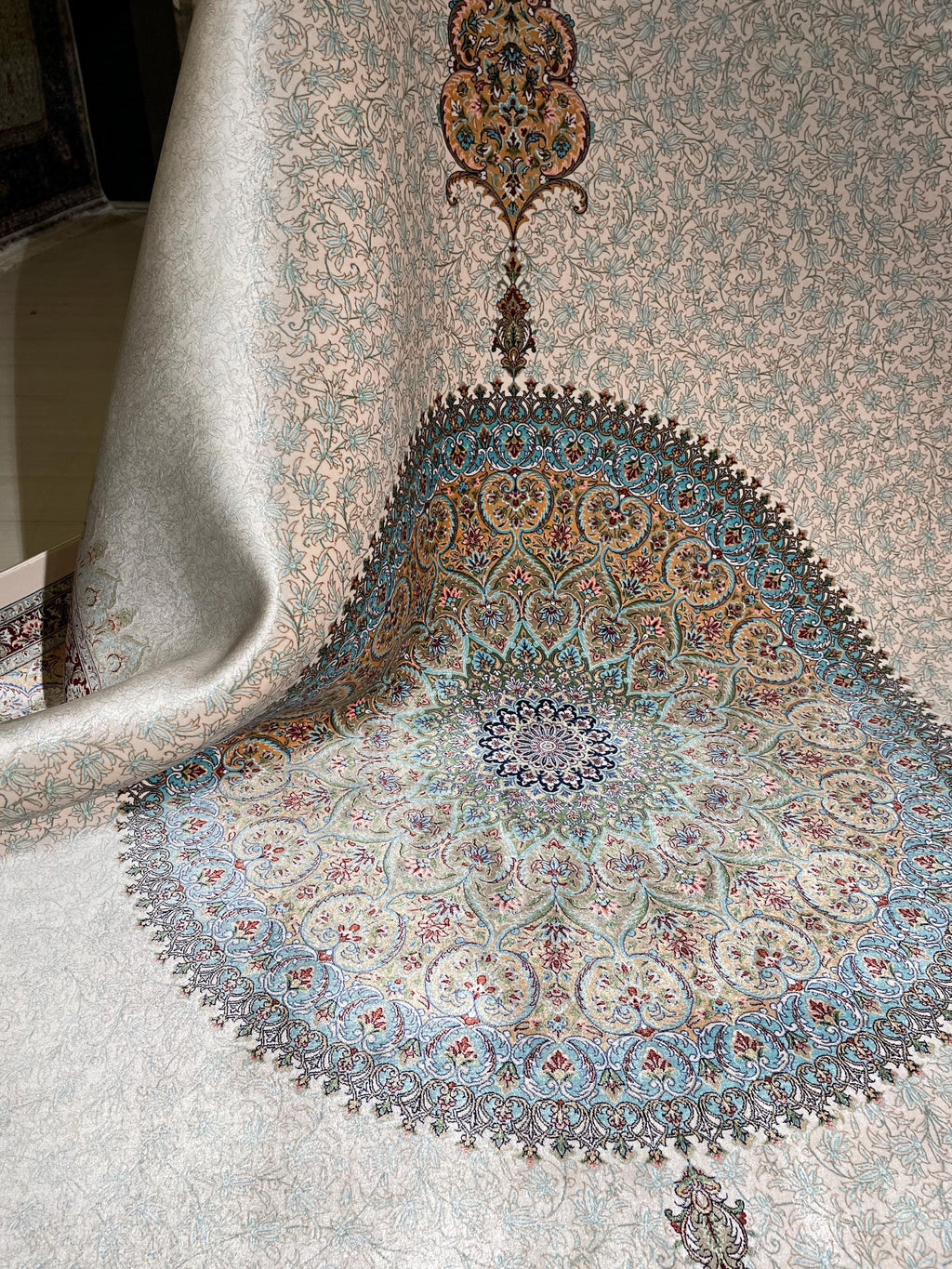 7x10 Silk Rug, Ivory Blue Oval Medallion, Classic Turkish Oriental Luxury Area Rug