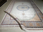7x10 Silk Rug, Ivory Blue Oval Medallion, Classic Turkish Oriental Luxury Area Rug
