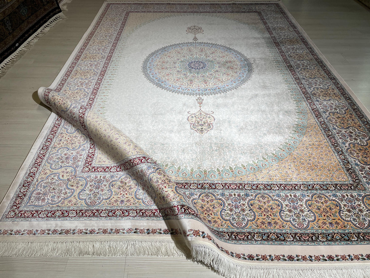 7x10 Silk Rug, Ivory Blue Oval Medallion, Classic Turkish Oriental Luxury Area Rug