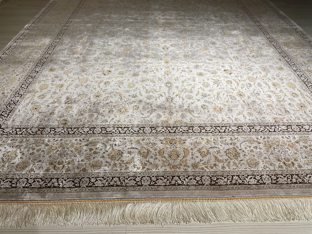 7x10 Ivory Modal Silk Area Rug, Elegant Floral Living Room Rug, Neutral Home Decor