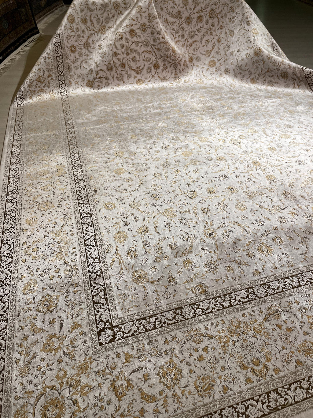7x10 Ivory Modal Silk Area Rug, Elegant Floral Living Room Rug, Neutral Home Decor