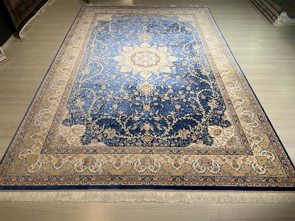 7x10 Silk Rug, Blue Ivory Medallion Floral, Classic Turkish Oriental Area Rug