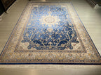 7x10 Silk Rug, Blue Ivory Medallion Floral, Classic Turkish Oriental Area Rug