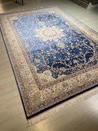 7x10 Silk Rug, Blue Ivory Medallion Floral, Classic Turkish Oriental Area Rug