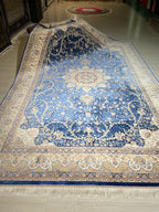 7x10 Silk Rug, Blue Ivory Medallion Floral, Classic Turkish Oriental Area Rug