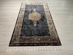 3x5 Black Gold Runner Rug, Modal Silk Runner, Turkish Medallion Hallway Decor