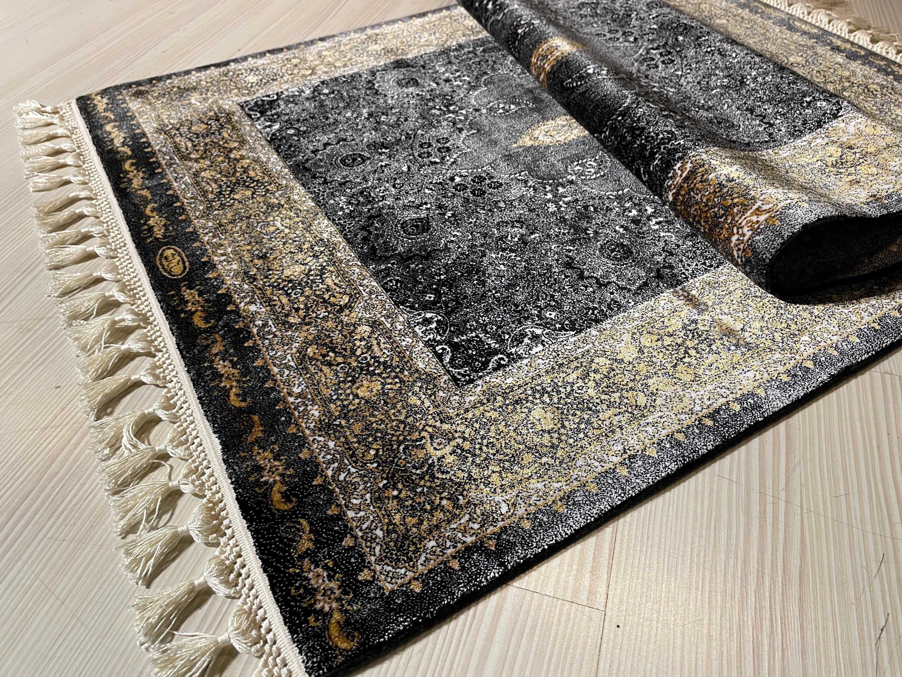 3x5 Black Gold Runner Rug, Modal Silk Runner, Turkish Medallion Hallway Decor