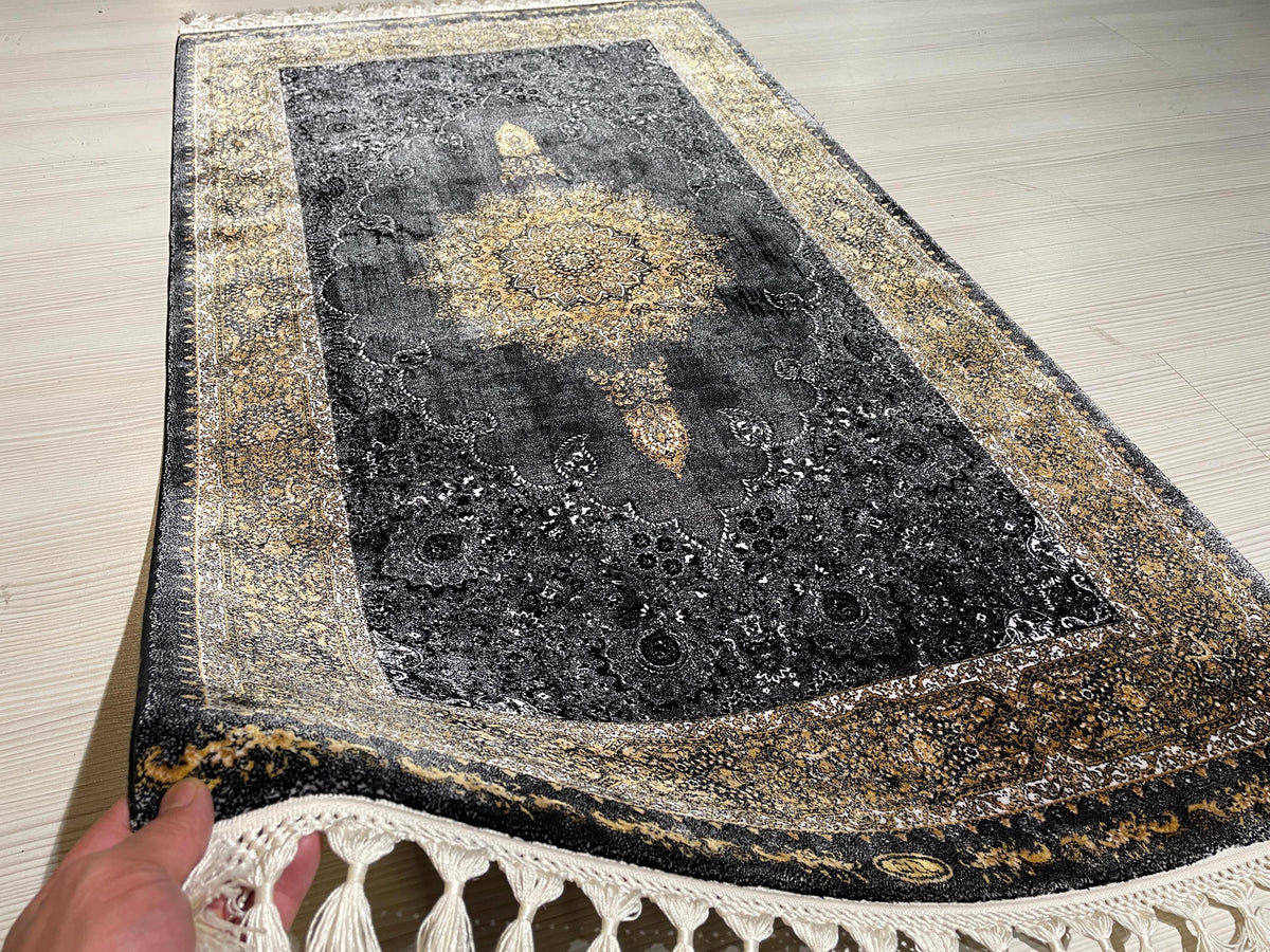3x5 Black Gold Runner Rug, Modal Silk Runner, Turkish Medallion Hallway Decor
