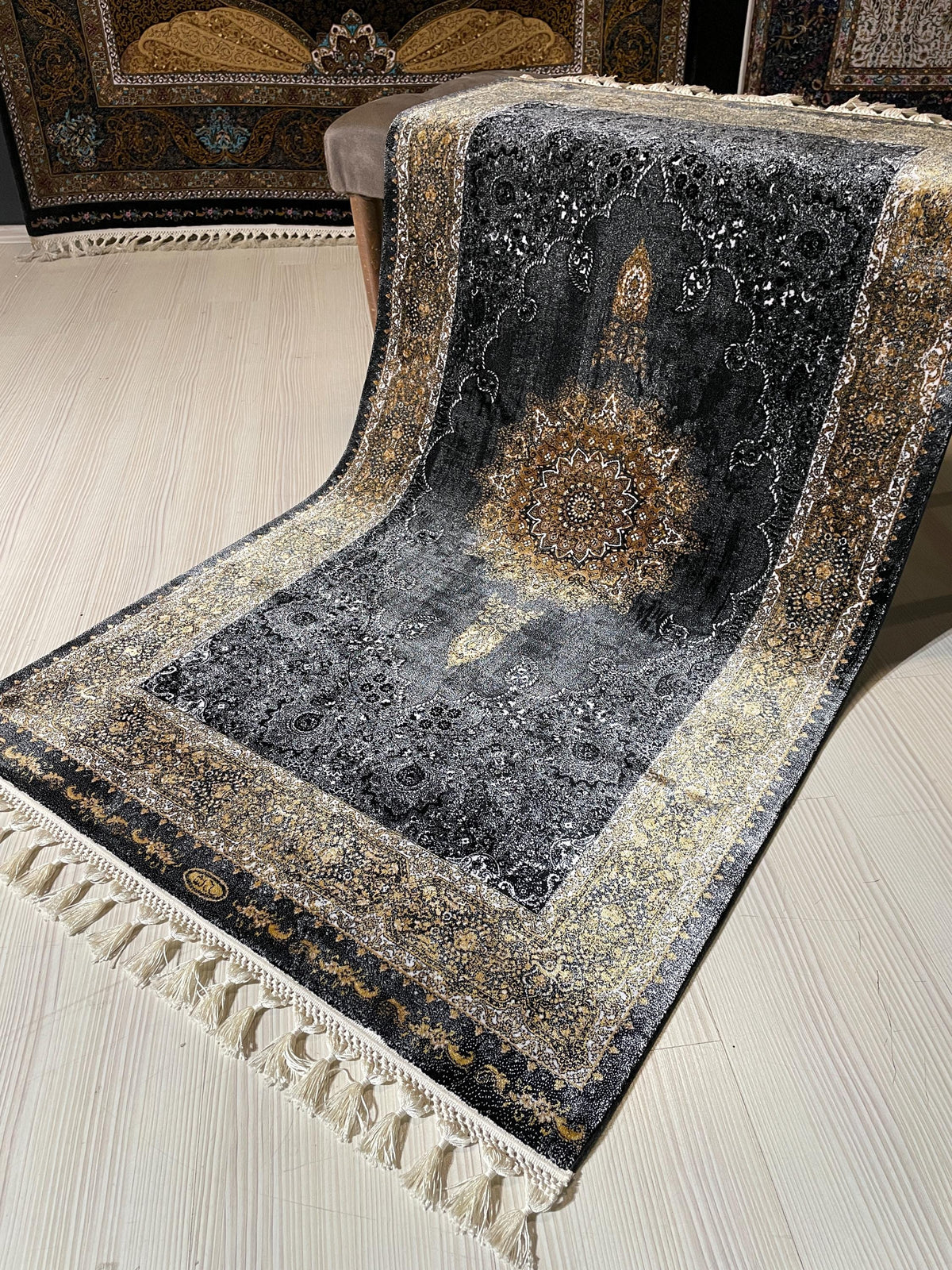 3x5 Black Gold Runner Rug, Modal Silk Runner, Turkish Medallion Hallway Decor