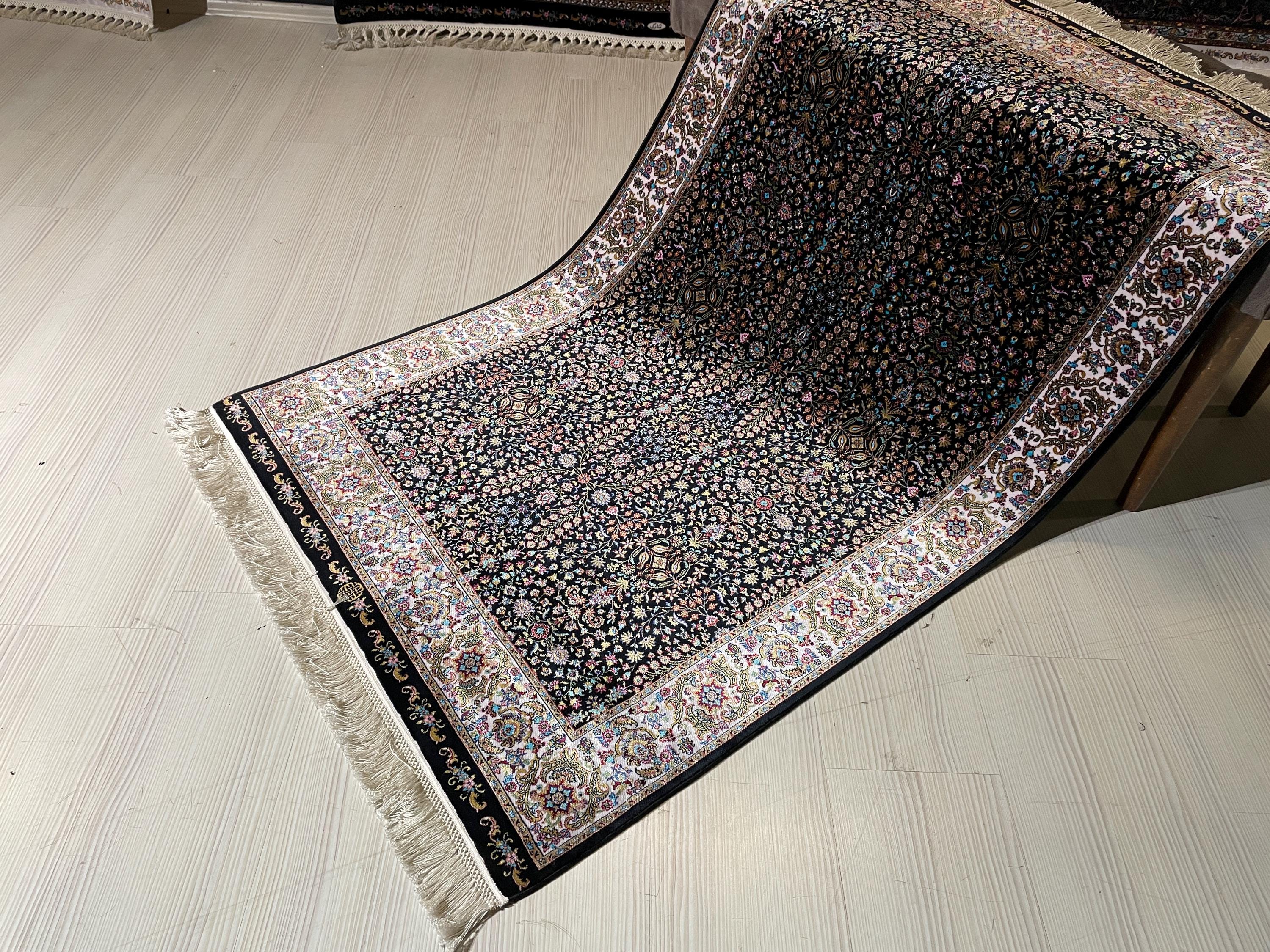3x5 ft Black Floral Runner, Modal Silk Runner, Turkish Hallway Rug