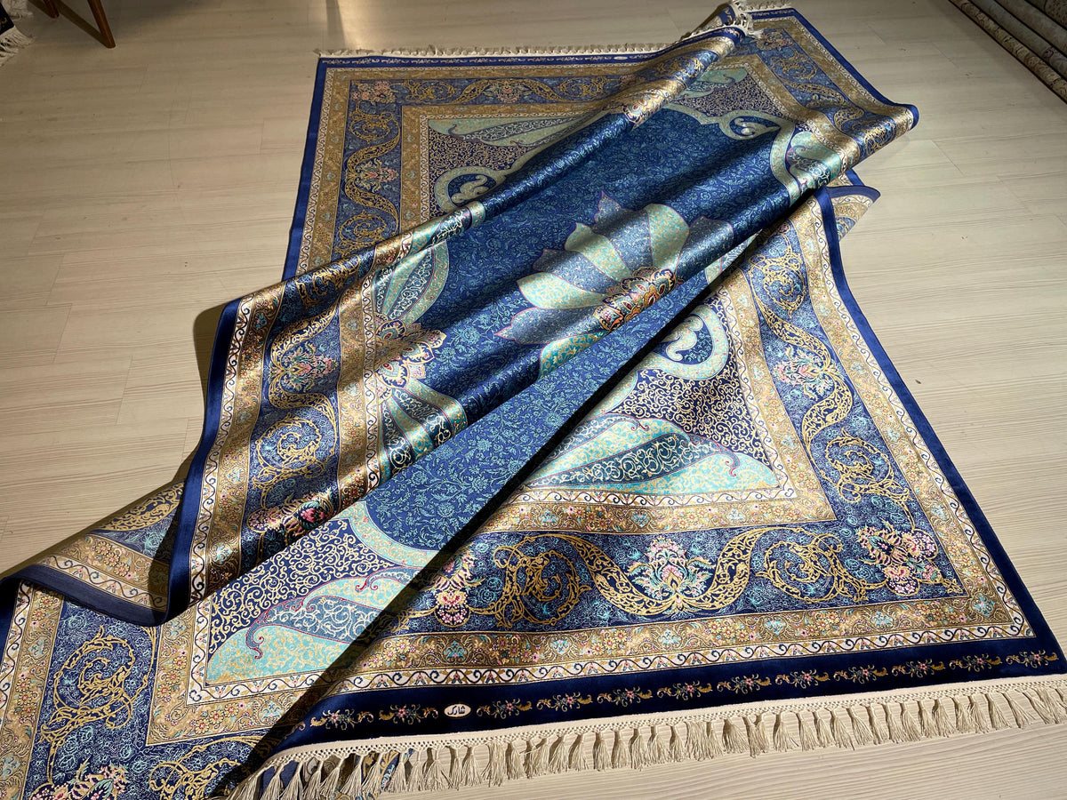 7x10 Silk Rug, Navy Blue Floral Medallion, Turkish Oriental Classic Living Room Rug