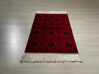 2x3 ft Red Bokhara Silk Rug, Turkish Accent Carpet, Geometric Tribal Decor Rug