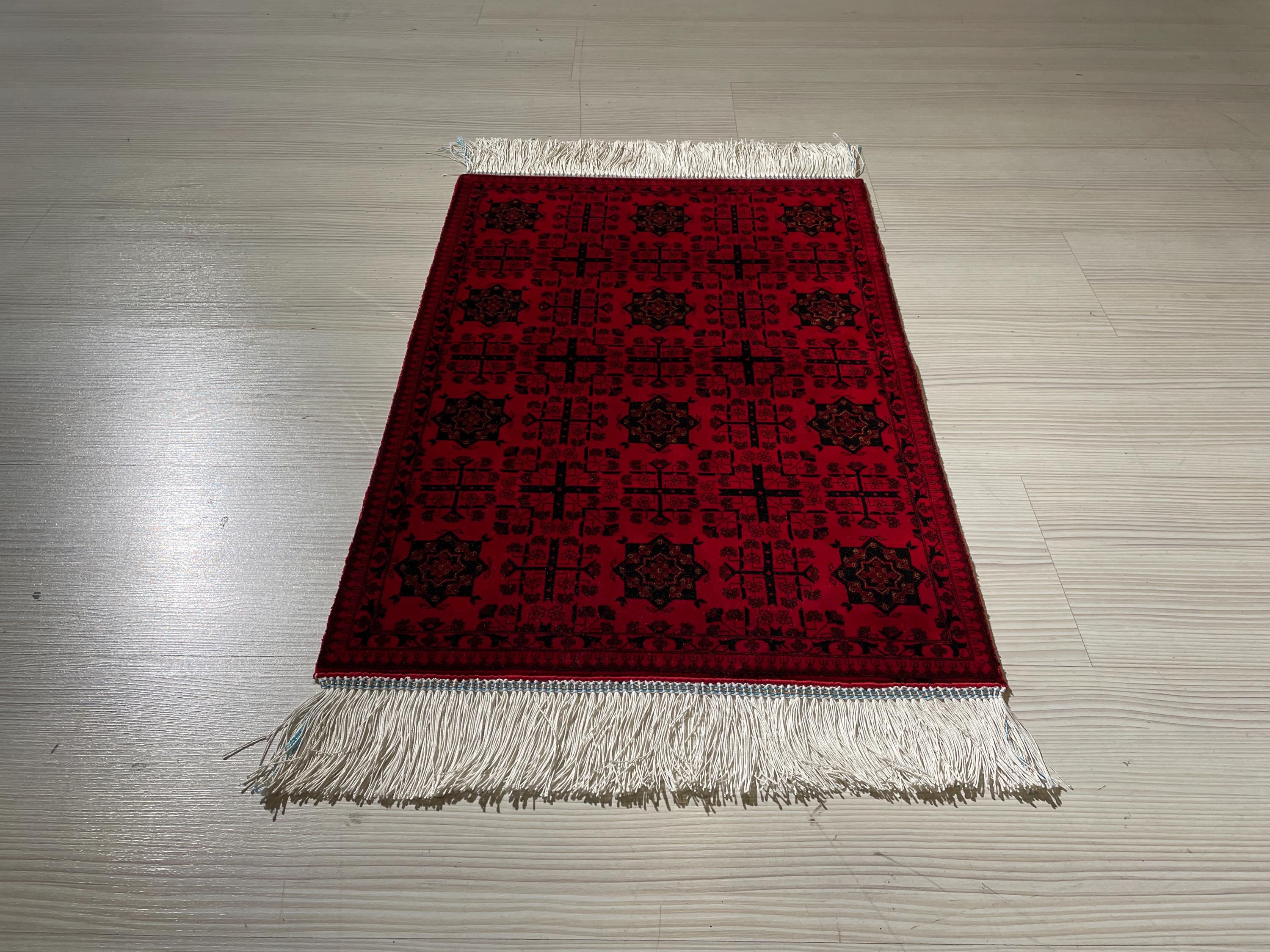 2x3 ft Red Bokhara Silk Rug, Turkish Accent Carpet, Geometric Tribal Decor Rug