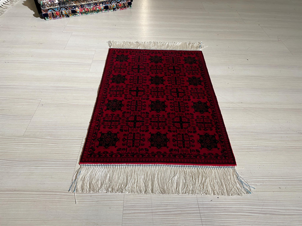 2x3 ft Red Bokhara Silk Rug, Turkish Accent Carpet, Geometric Tribal Decor Rug
