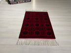 2x3 ft Red Bokhara Silk Rug, Turkish Accent Carpet, Geometric Tribal Decor Rug