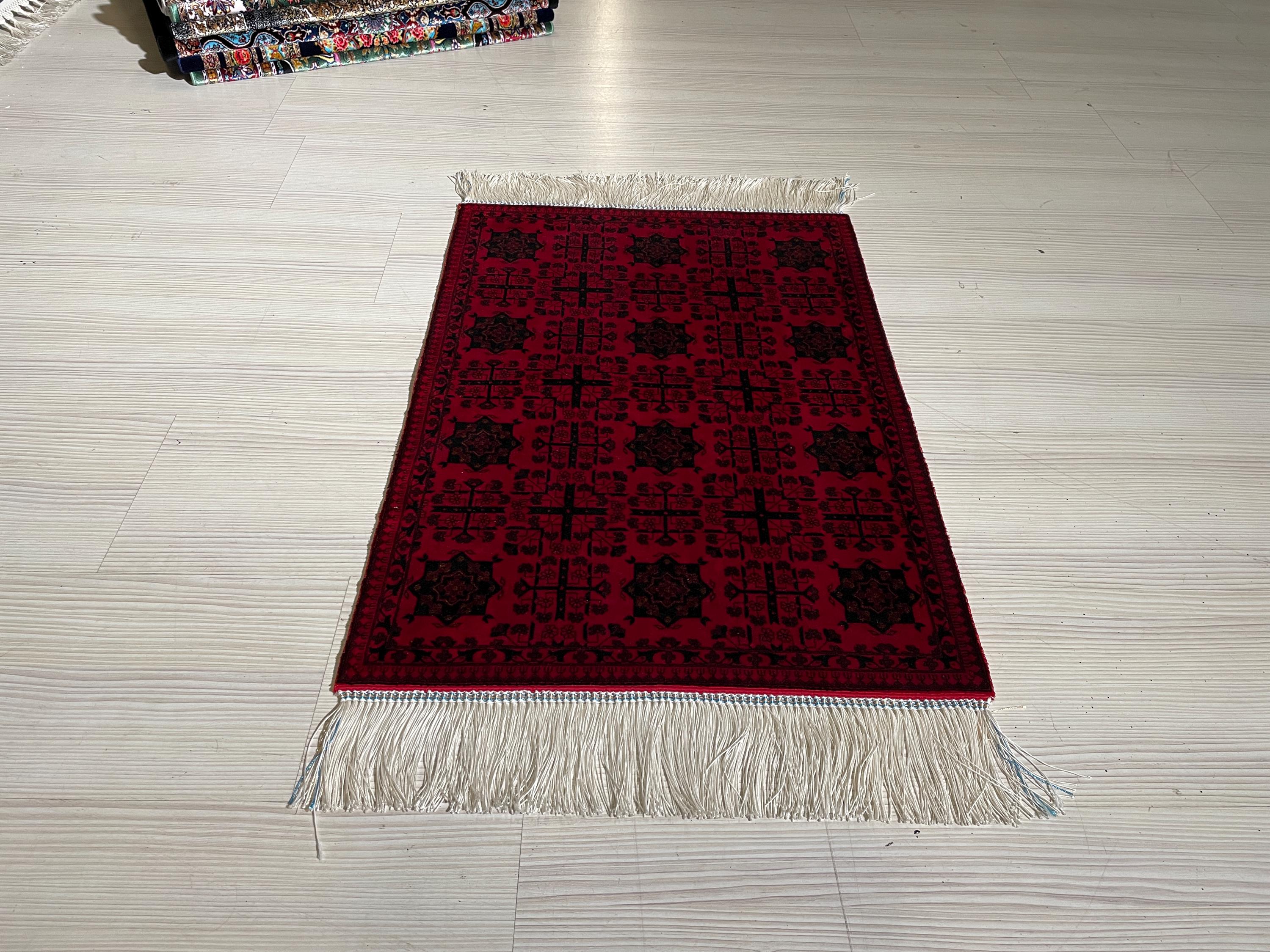2x3 ft Red Bokhara Silk Rug, Turkish Accent Carpet, Geometric Tribal Decor Rug