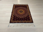 2x3 ft Burgundy Sunburst Silk Rug, Turkish Wall Carpet, Floral Medallion Accent Rug
