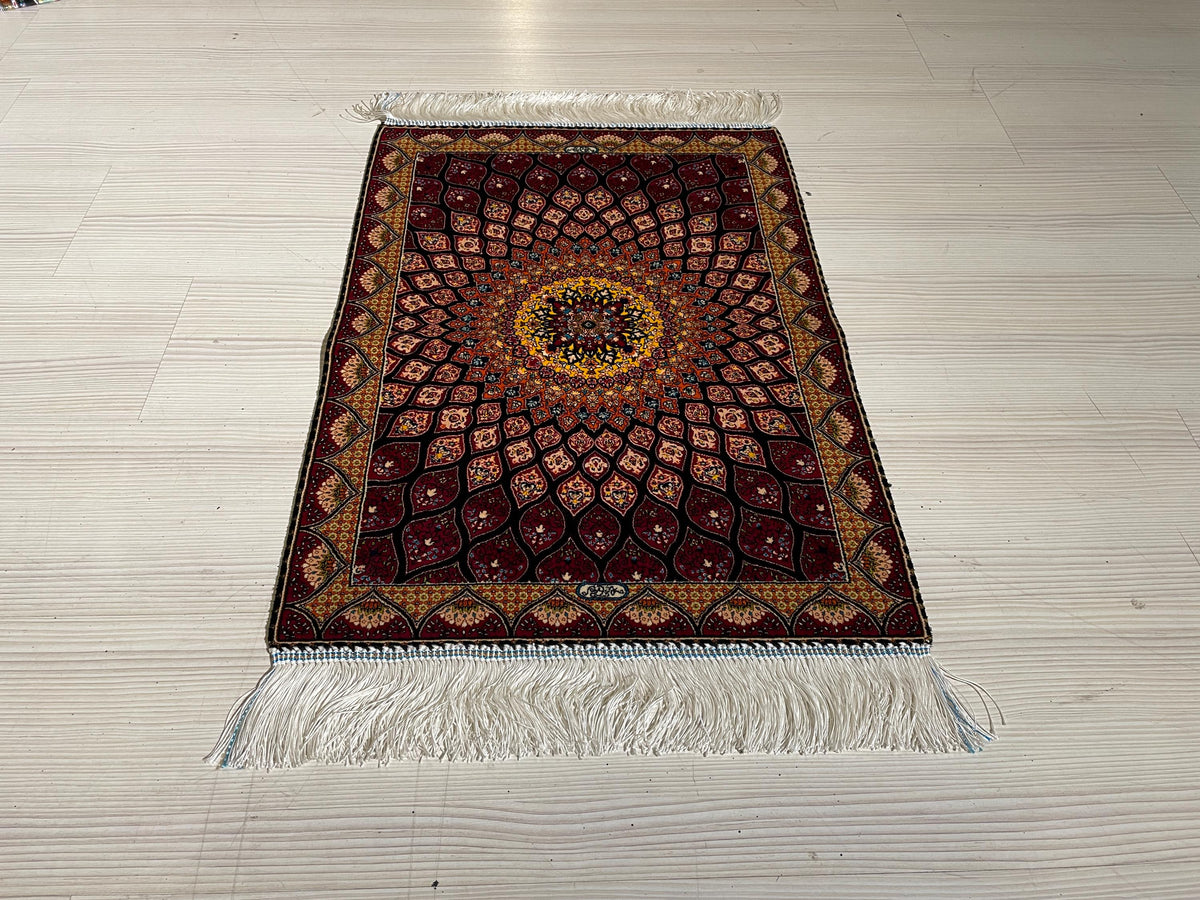2x3 ft Burgundy Sunburst Silk Rug, Turkish Wall Carpet, Floral Medallion Accent Rug