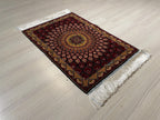 2x3 ft Burgundy Sunburst Silk Rug, Turkish Wall Carpet, Floral Medallion Accent Rug