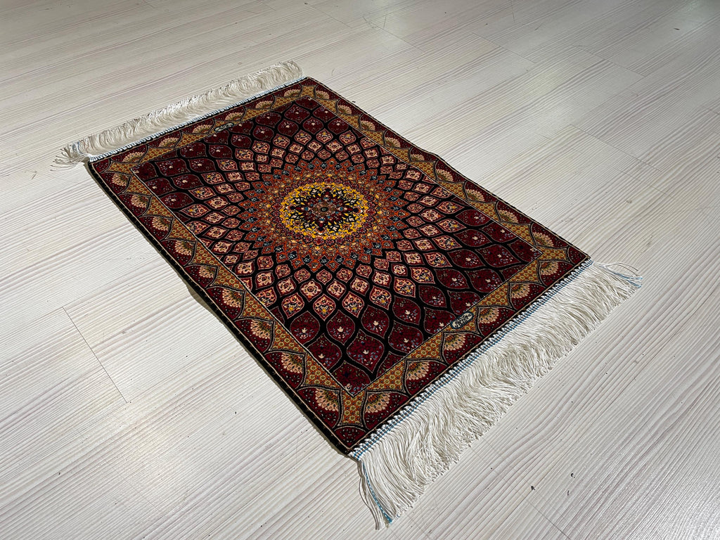 2x3 ft Burgundy Sunburst Silk Rug, Turkish Wall Carpet, Floral Medallion Accent Rug