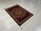 2x3 ft Burgundy Sunburst Silk Rug, Turkish Wall Carpet, Floral Medallion Accent Rug
