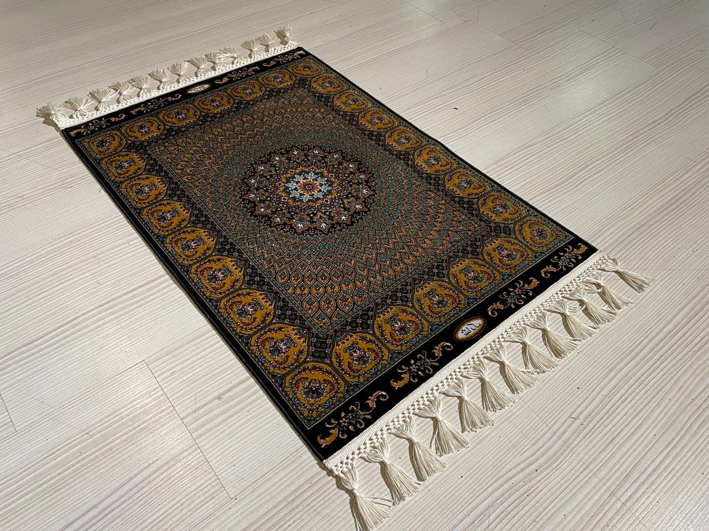2x3 ft Black Hereke Medallion Rug, Modal Silk Turkish Accent Rug