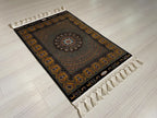 2x3 ft Black Hereke Medallion Rug, Modal Silk Turkish Accent Rug