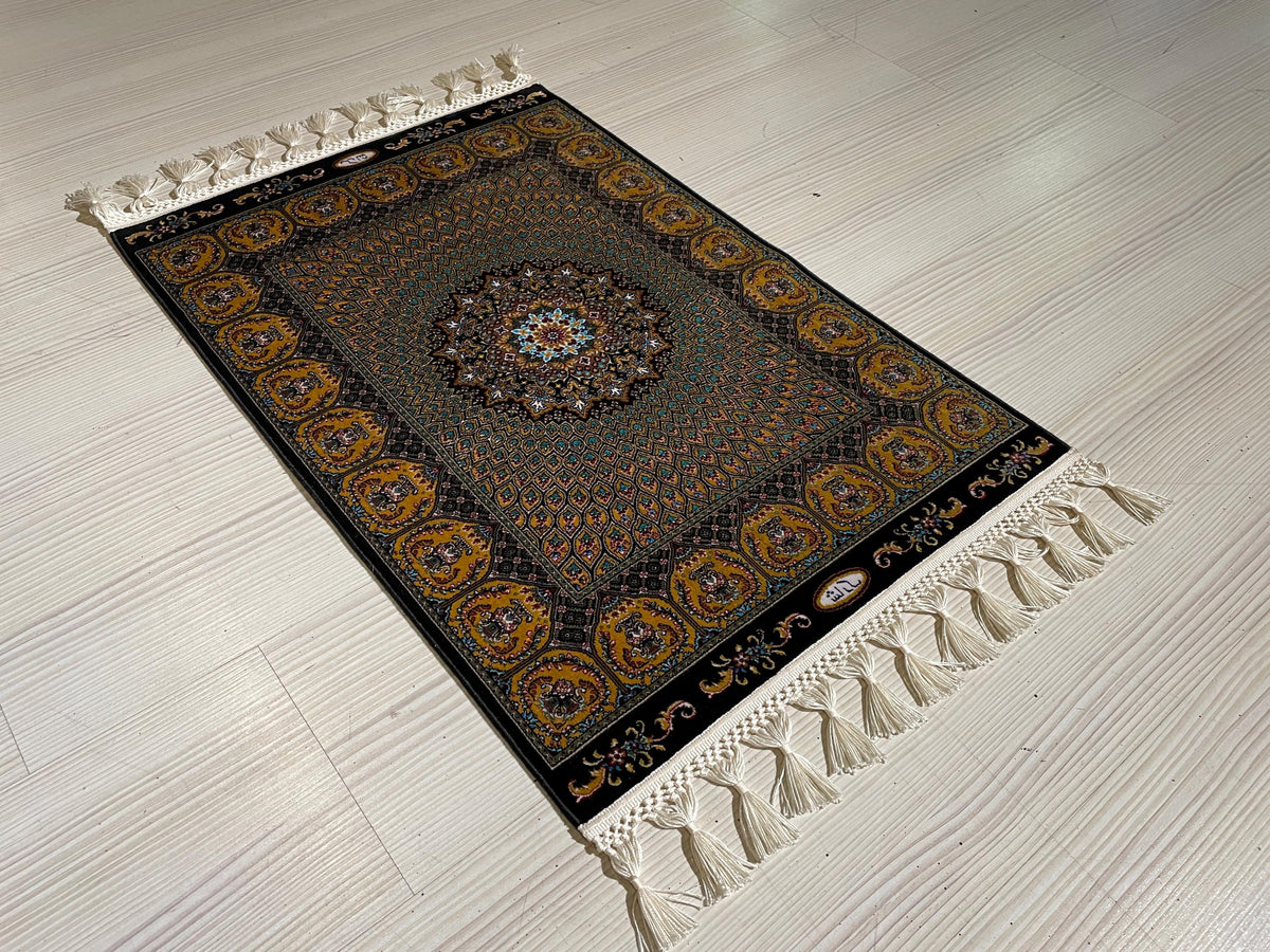 2x3 ft Black Hereke Medallion Rug, Modal Silk Turkish Accent Rug