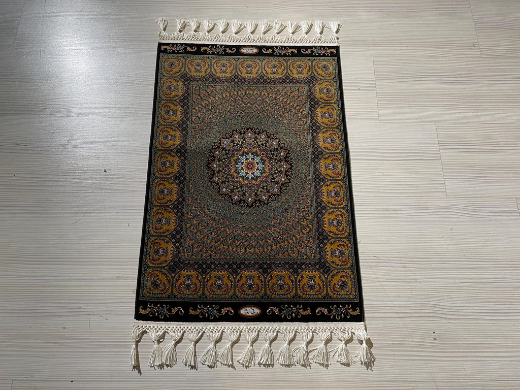 2x3 ft Black Hereke Medallion Rug, Modal Silk Turkish Accent Rug