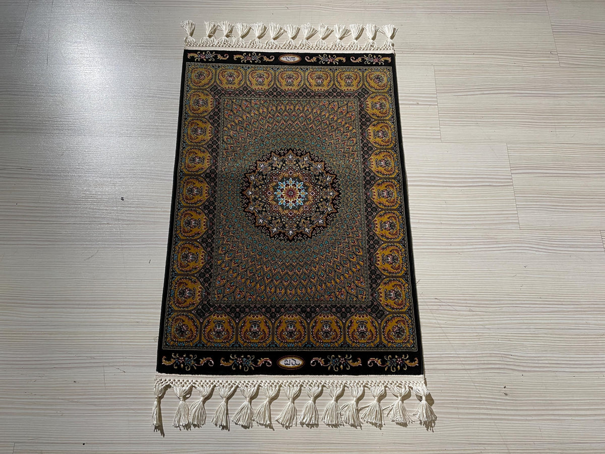 2x3 ft Black Hereke Medallion Rug, Modal Silk Turkish Accent Rug