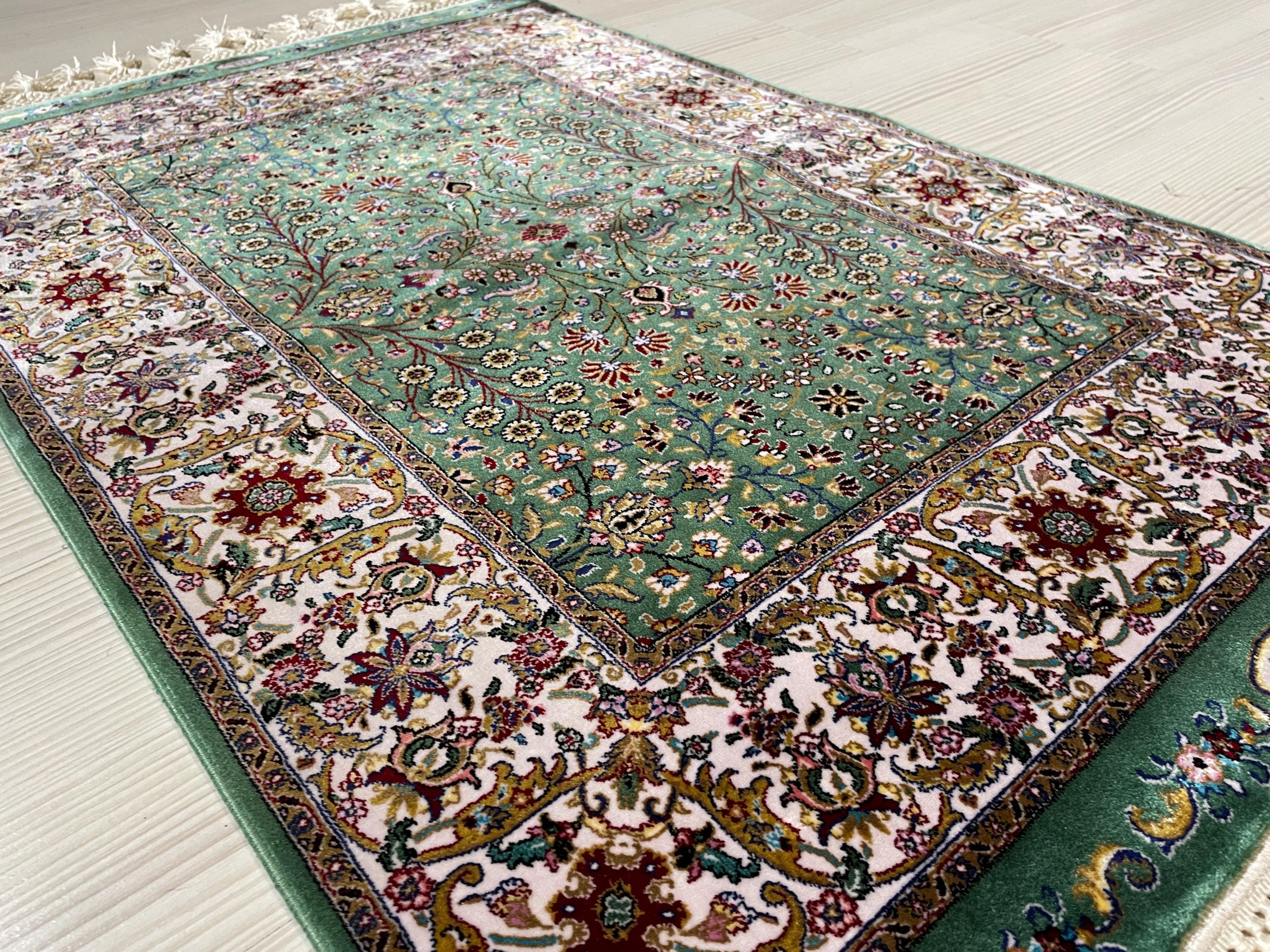 2x3 ft Green Turkish Floral Modal Silk Rug, Entryway Accent Area Rug