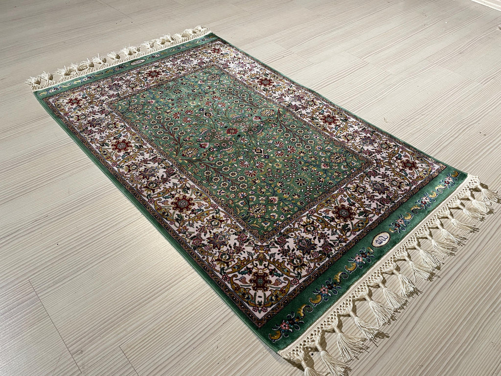 2x3 ft Green Turkish Floral Modal Silk Rug, Entryway Accent Area Rug